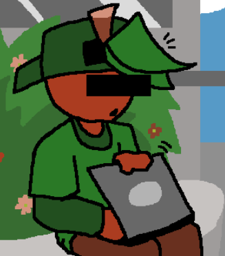 A apple guy in green clothes closing his laptop