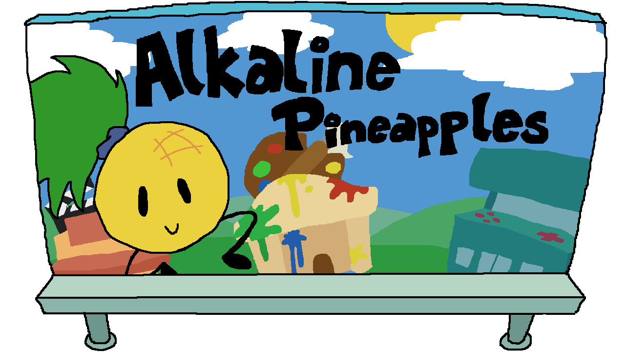 Blue Background. A pineapple character stands to the side, with the text Alkaline Pineapples pointed at him